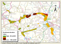 2D delineation of mapped buried valley along the modern day River Stour. Contains Ordnance Survey data © Crown Copyright and database rights 2011.